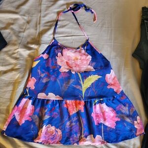 Everly Anthropologie Floral Halter Top in Blue and Pink XSmall